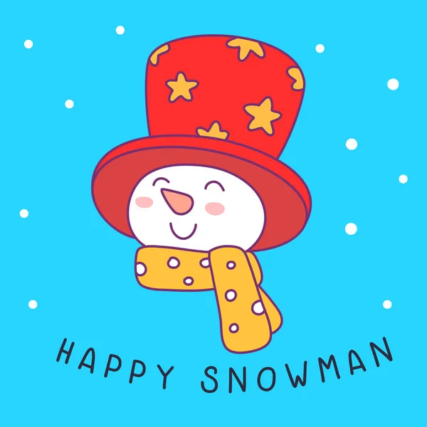 Vector Illustration Cute Head Happy Snowman Red Hat Scarf Blue — Stock Vector