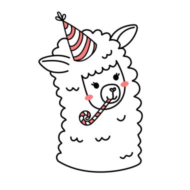 Beyaz arkaplanda doğum günü şapkası olan şirin çizgili sanat lamasının vektör illüstrasyonu