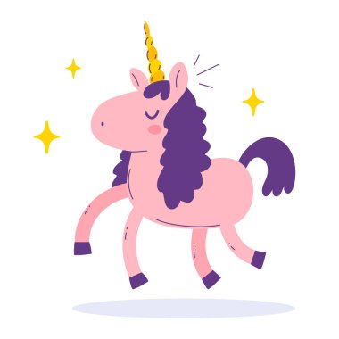 Beyaz arkaplanda gözleri kapalı şirin pembe tek boynuzlu atın vektör çizimi