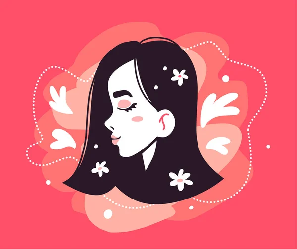 Vector Illustration Head Beautiful Woman Close Eyes Pink Color Background — Stock Vector