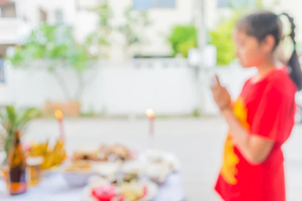 Blur Image Chinese New Year Food Table People Respect Ancestor — Stock Photo, Image