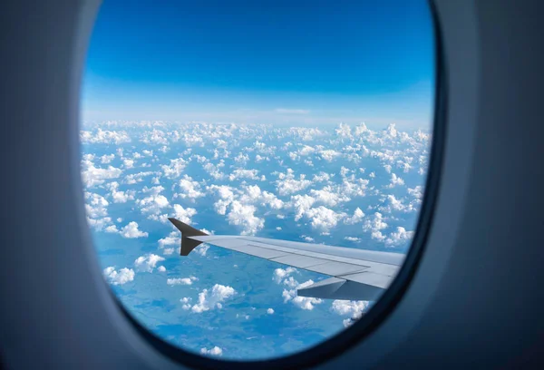 Vue Fenêtre Avion Pour Voir Ciel Aile Avion Soir — Photo