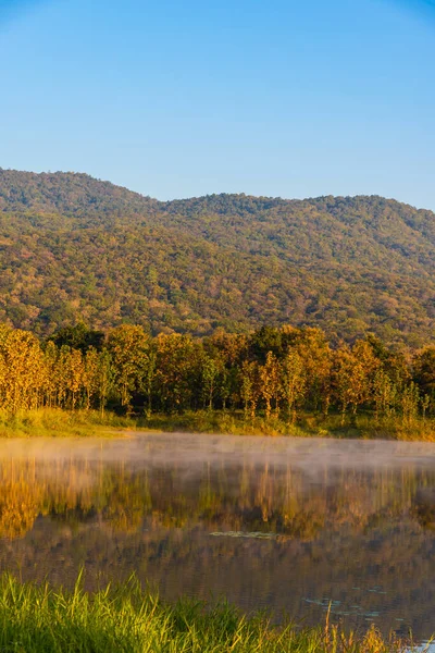 清晨湖水雾蒙蒙的湖山景象 — 图库照片