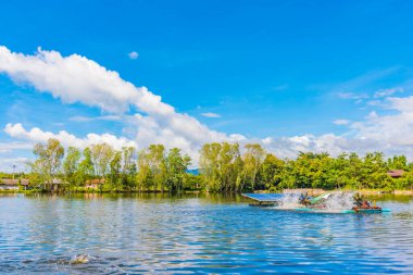 Gündüz vakti balık havuzunda yüzen güneş pili çarklı yüzey havalandırıcısı görüntüsü.