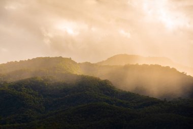 Dağların tepesinde sabah vakti sisi görmek için yüksek tepe çizgisinde.