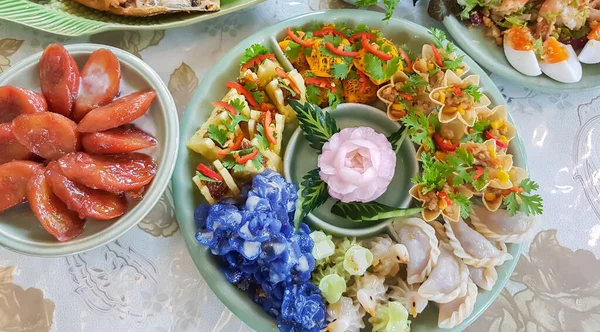 stock image Mixed of Thai Royal Court Cuisine serve in green ceramic plate.