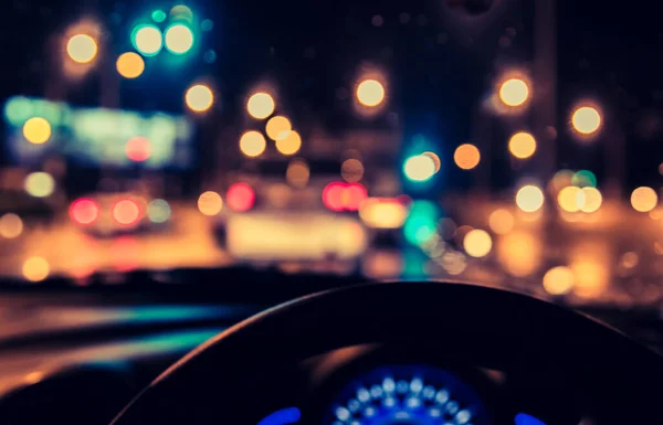 Vintage Tone Blur Image People Driving Car Raining Night Time — стоковое фото
