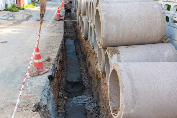 Image Construction Site Drain New Water Pipe Next — Stock Photo, Image