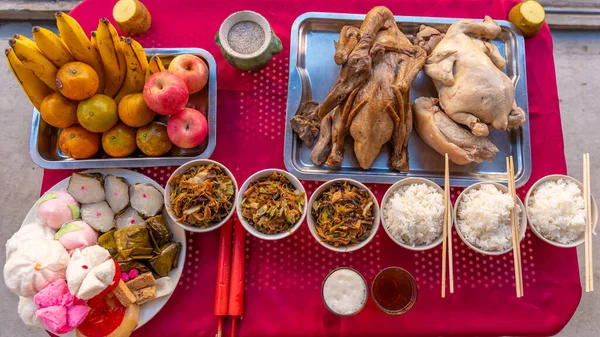 Їжа Столі Богів Поклоняються Китайським Віруванням Складається Курки Качки Смаженого — стокове фото