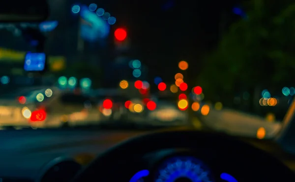 Rozmyty Obraz Wnętrza Samochodów Bokeh Światła Korkiem Nocy Czas Dla — Zdjęcie stockowe