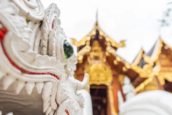 在庙宇楼梯附近的白色泰国圣蛇雕像的特写 — 图库照片