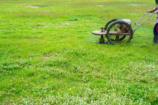 아침에 밭에서 일하는 잔디깎는 풀밭에 초점을 맞춘다 — 스톡 사진