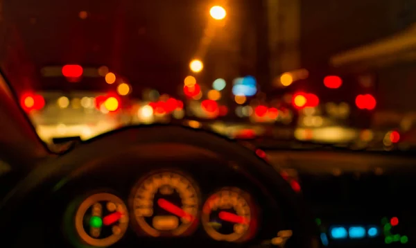 Rozmyty Obraz Wnętrza Samochodu Oświetleniem Bokeh Włączonym Czasem Nocnym Wykorzystania — Zdjęcie stockowe