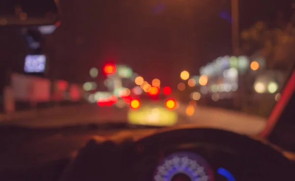 Wazig Beeld Van Binnenauto Met Bokeh Lichten Met File Avond — Stockfoto