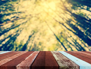 Ahşap masa, yeşil bambu ormanı ve çatısının klasik ton görüntüsü.