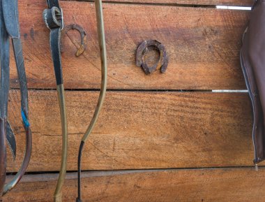 Arka plan kullanımı için tahta duvarda paslı at nalı resmi.