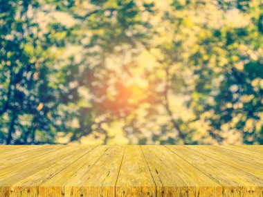 Ahşap tablo ve arkaplan kullanımı için güneşi olan soyut yeşil ağaç Bokeh 'in bulanık görüntüsü.