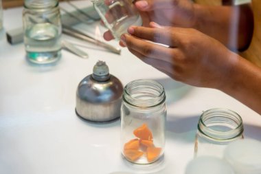 Arka plan için laboratuvar kaputunda sebze dokusu kültürü görüntüsü.