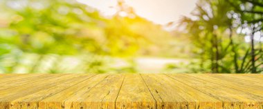 Ahşap tablonun bulanık resmi ve ağaç yeşili arkaplanının soyut Bokeh 'i .