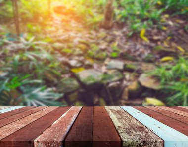 Ahşap tablonun bulanık resmi ve ağaç yeşili arkaplanının soyut Bokeh 'i .