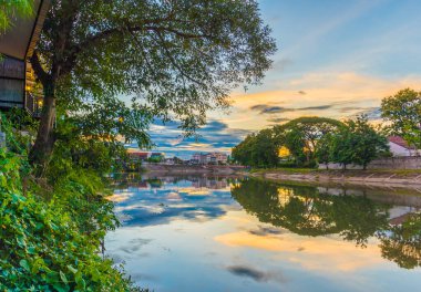 Lampang, Tayland 'da gün batımında güzel bulutlu bir gökyüzü olan ağaç görüntüsü