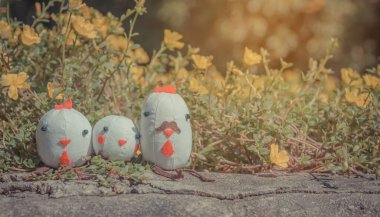 Tavuk bebeklerinin klasik ton görüntüsü arka planda çiçeklerle bahçede oturuyor.