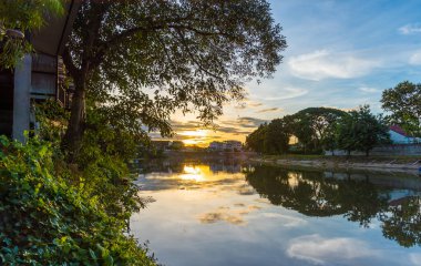 Lampang, Tayland 'da gün batımında güzel bulutlu bir gökyüzü olan ağaç görüntüsü