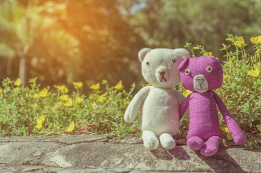 Arka planda çiçek tarhında oturan iki ayı bebeğinin klasik ton görüntüsü.