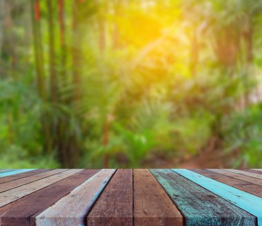 Ahşap tablonun bulanık resmi ve ağaç yeşili arkaplanının soyut Bokeh 'i .