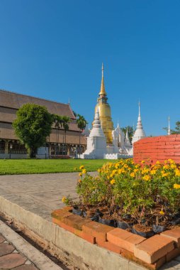 Wat Suan Dok Tapınağı 'ndaki altın ve beyaz pagoda resmi, Chiang Mai, Tayland. (dikey)