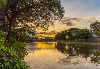 Lampang, Tayland 'da gün batımında güzel bulutlu bir gökyüzü olan ağaç görüntüsü