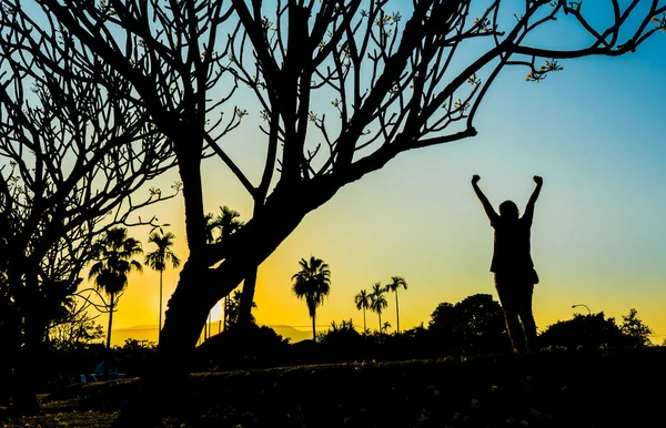 silhouette image of Happy woman in nature on sunset time