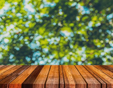 Ahşap tablo ve arkaplan kullanımı için güneşi olan soyut yeşil ağaç Bokeh 'in bulanık görüntüsü.