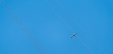 minimalist style image of bird catch on electric wire day time with clear blue sky.