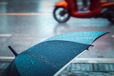 Yolun yakınındaki yağmurda yere konmuş mavi şemsiyenin klasik ton görüntüsü.
