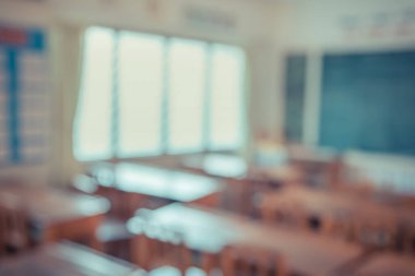 vintage tone blur image of brown wooden chair row in classroom for abstract background usage.