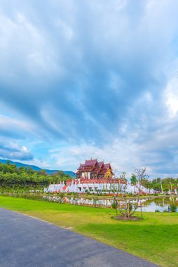 Ho kham luang (Royal Pavilion) northern Thai style building in Royal Flora International Horticulture Exposition(Ratchaphreuk)in Chiang Mai,Thailand.(vertical)