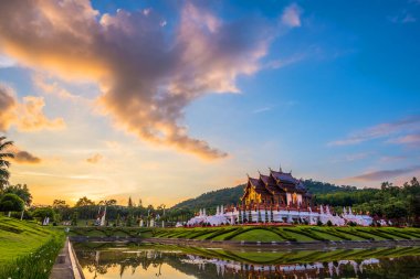 Ho kham luang (Royal Pavilion) northern Thai style building in Royal Flora International Horticulture Exposition(Ratchaphreuk)in Chiang Mai,Thailand on twilight time.