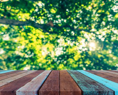 Ahşap tablo ve arkaplan kullanımı için güneşi olan soyut yeşil ağaç Bokeh 'in bulanık görüntüsü.