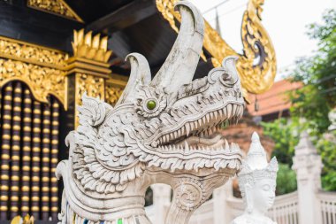 Tayland 'ın tapınak dokusundaki yılan başı heykelinin görüntüsünü kapat..
