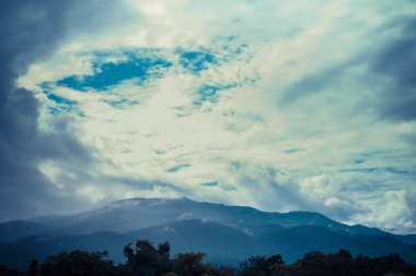 Evin görüntüsü ve arka plan kullanımı için dağdaki bulutlu mavi gökyüzü