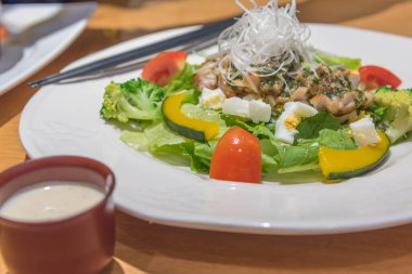 Japon tarzı, ahşap masada taze sağlıklı tavuk salatası..