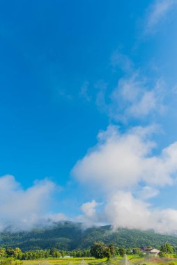 Mavi gökyüzü ve arka planda dağ görüntüsü. (dikey)