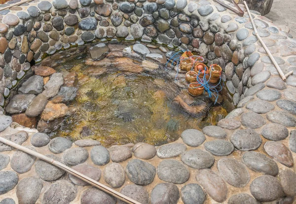 Image Oeuf Dans Panier Bambou Bouillir Dans Eau Chaude Étang — Photo