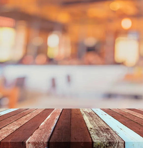 Holz Tisch Und Café Verschwimmen Hintergrund Mit Bokeh Bild Vintage — Stockfoto