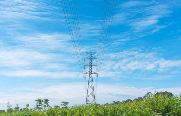 Imagen Cable Eléctrico Alto Voltaje Cielo Azul Fondo Nube Blanca — Foto de Stock