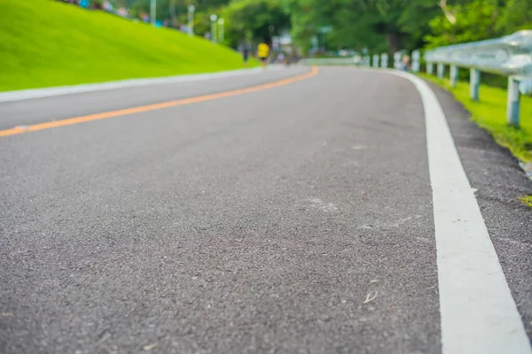 Imagen Perspectiva Camino Asfalto Día Para Ver Jardín Verde Azul —  Fotos de Stock