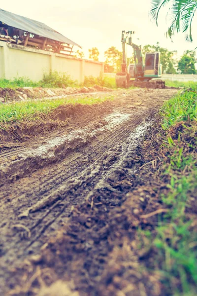 Vintage Tone Image Backhoe Car Repair Road Day Time Background — Stock Photo, Image