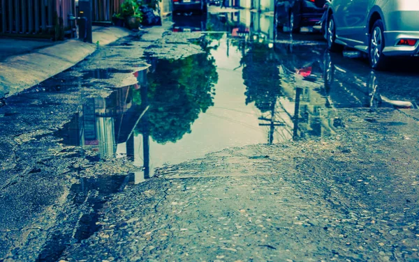 Imagem Tom Vintage Inundações Água Rua Após Chuva Forte — Fotografia de Stock