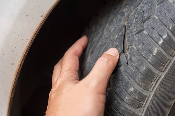 Image Male Hand Examining Damage Tire See Deep Hole Surface — Stock Photo, Image